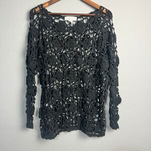 Geoffrey Beene Sport Crochet Rose Top Y2K Boho Festival Open Knit Weave Gothic S